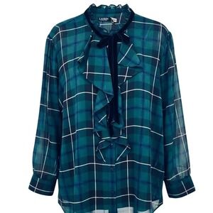 Lauren Ralph Lauren Womens Plaid Velvet Trim Ruffle Blouse Shirt 3X NEW